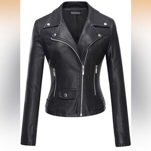 Tanming Classic Black Faux Leather Moto Jacket - Women